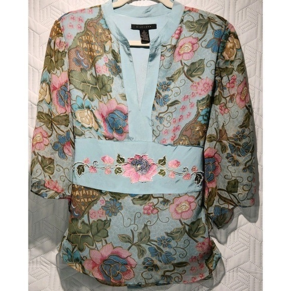 Silkland blouse women Y2K Vtg Floral Tie Embellished Belt Romantic Fairy med. - Picture 2 of 16